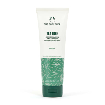 Tube of The Body Shop Tea Tree Skin Clearing Daily Scrub on a white background