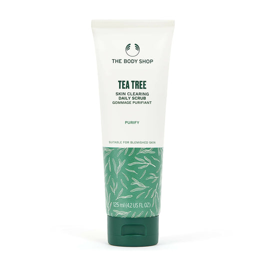 Tube of The Body Shop Tea Tree Skin Clearing Daily Scrub on a white background