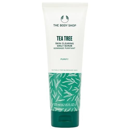 Tube of The Body Shop Tea Tree Skin Clearing Daily Scrub on a white background