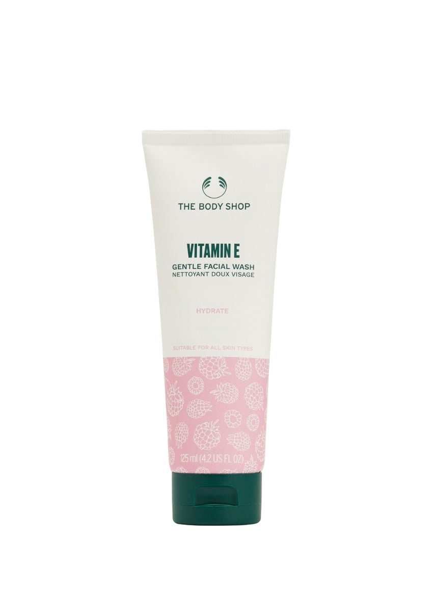 Tube of The Body Shop Vitamin E Gentle Facial Wash on a white background