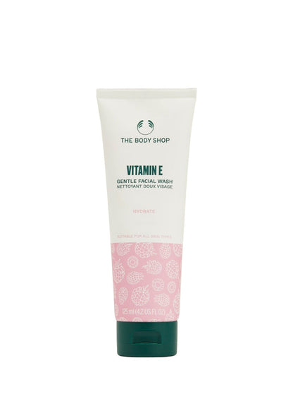Tube of The Body Shop Vitamin E Gentle Facial Wash on a white background