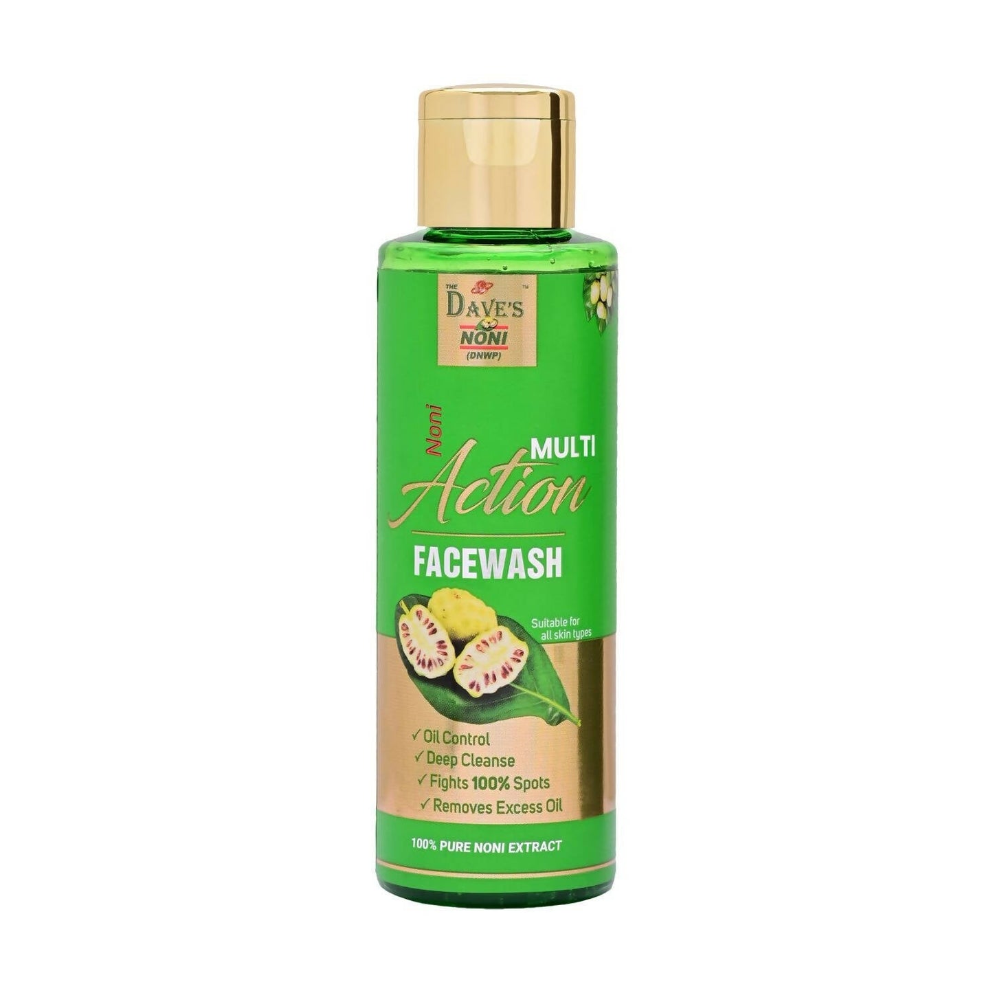 Green bottle of Dave's Nono Multi Action Facewash on a white background
