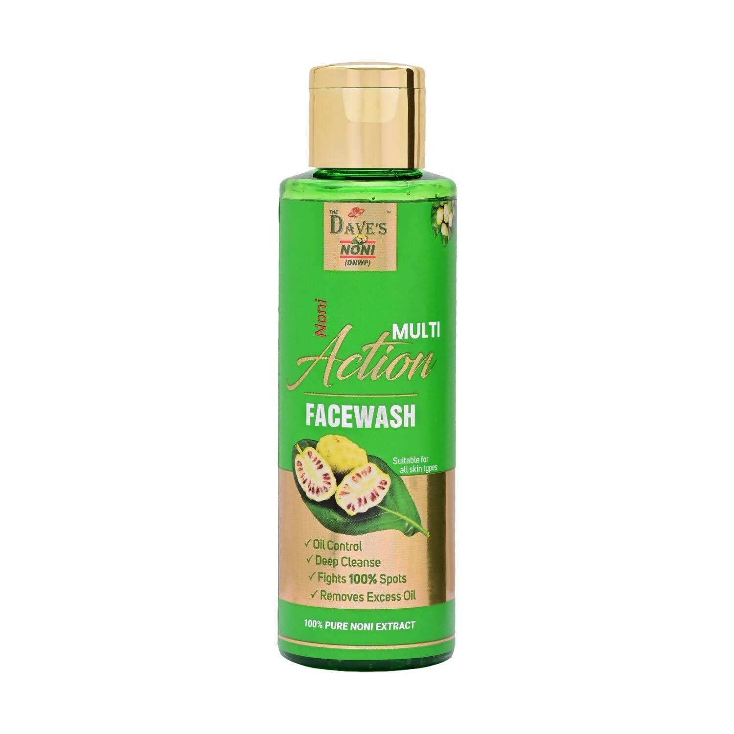 Green bottle of Dave's Nono Multi Action Facewash on a white background