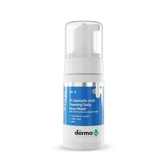 Foaming daily face wash bottle with blue label on a white background