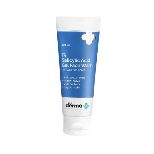 The image shows a tube of The Derma Co 1% Salicylic Acid Gel Face Wash For Active Acne with a blue and white color scheme.