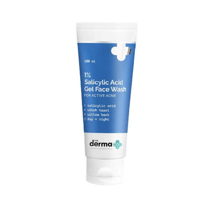 The image shows a tube of The Derma Co 1% Salicylic Acid Gel Face Wash For Active Acne with a blue and white color scheme.