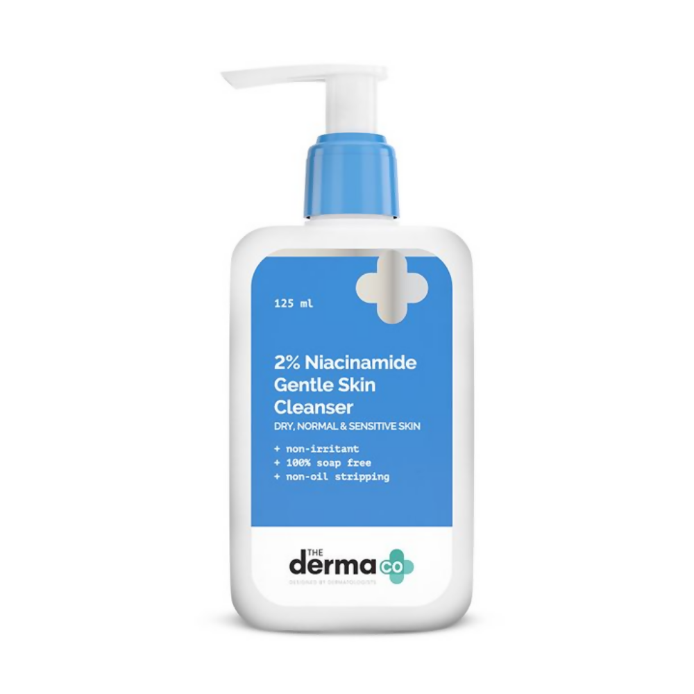 Bottle of The Derma Co. Gentle Skin Cleanser with blue label on a white background