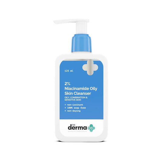 Skin cleanser bottle with blue and white label on a white background