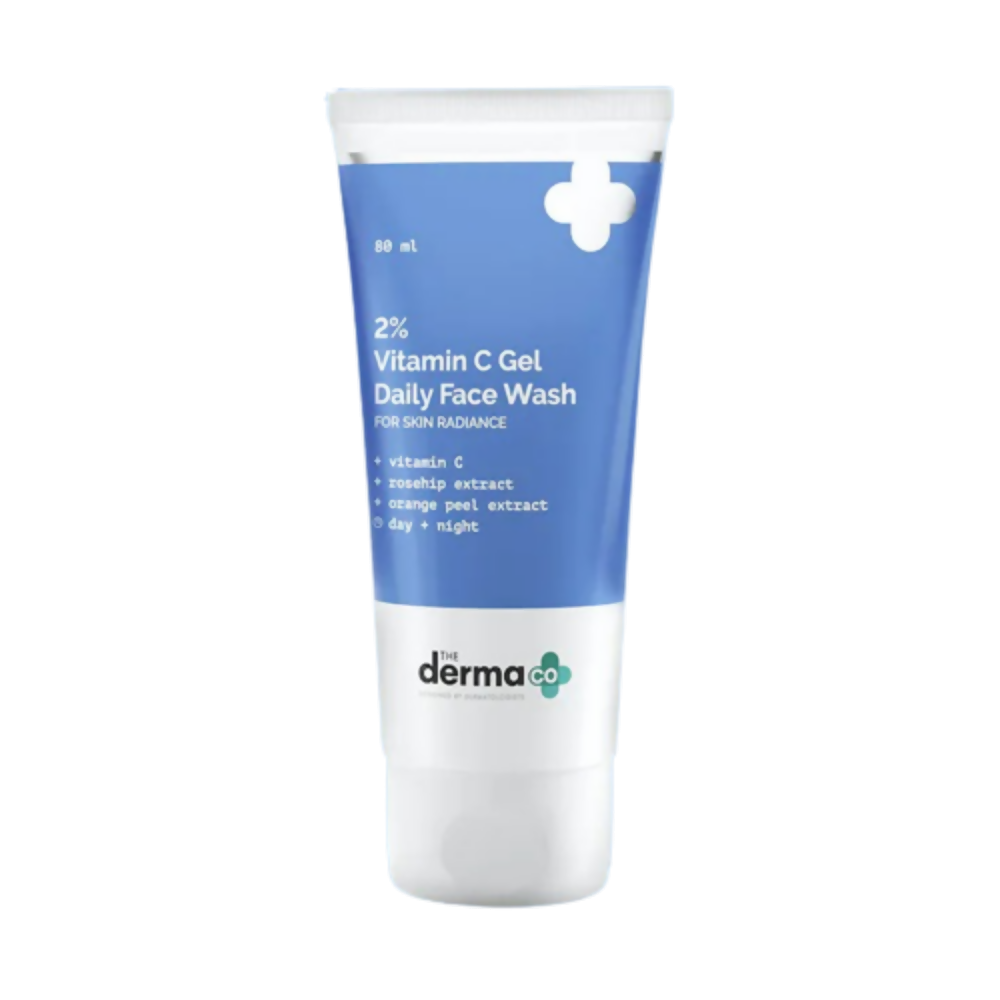 Tube of derma+ 2% Vitamin C Gel Daily Face Wash on a white background