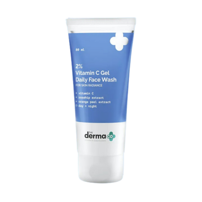 Tube of derma+ 2% Vitamin C Gel Daily Face Wash on a white background