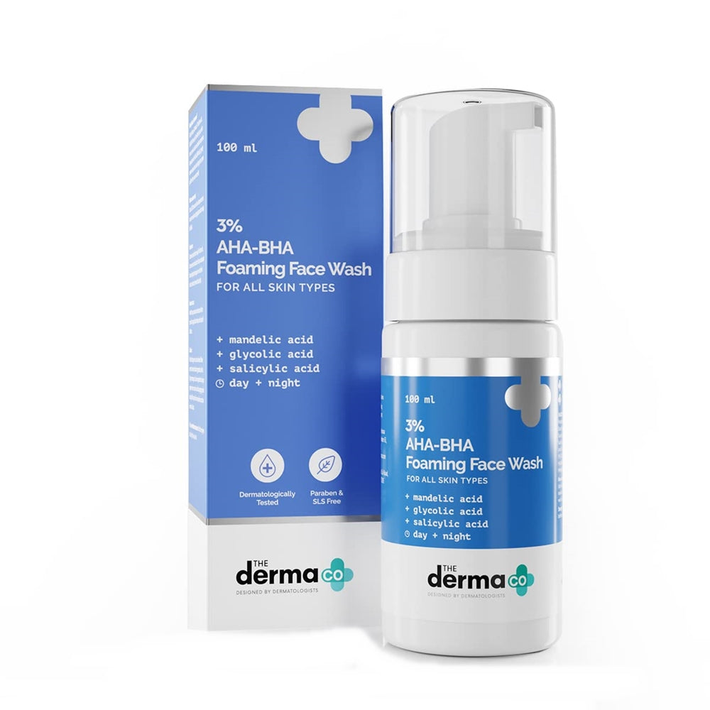3% AHA-BHA Foaming Face Wash by The Derma Co. with packaging on a white background