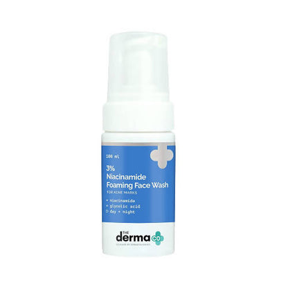 Niacinamide foaming face wash bottle with blue label on a white background
