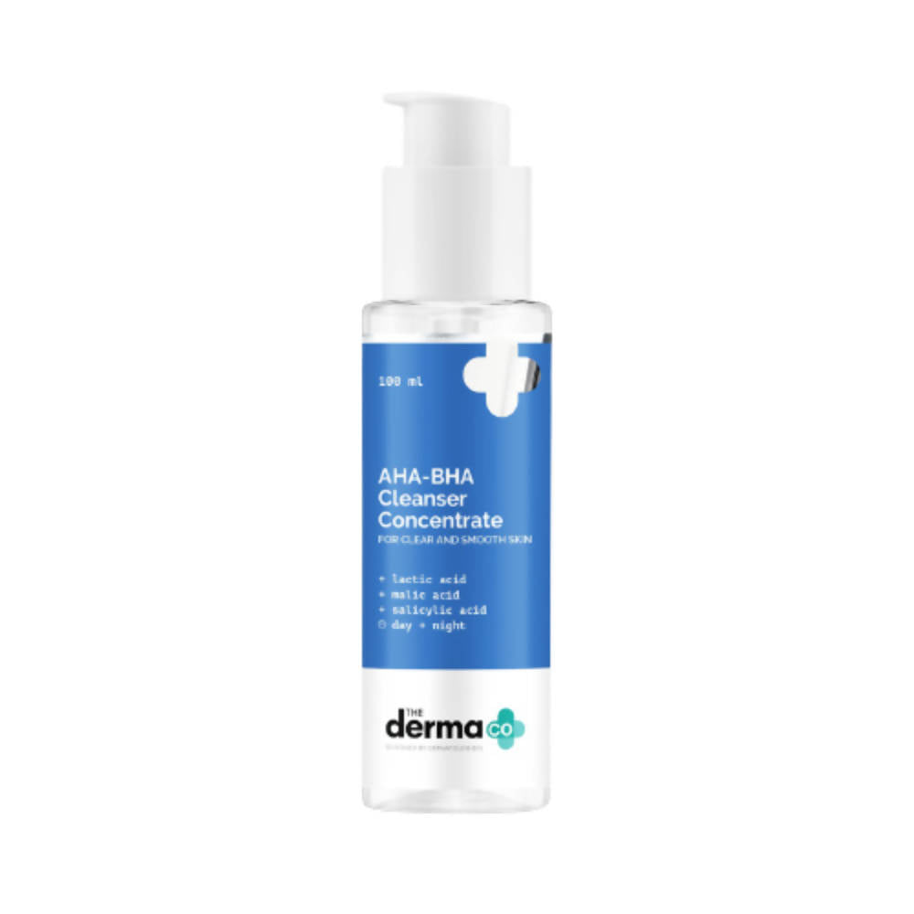 AHA-BHA Cleanser Concentrate bottle with blue label on a white background