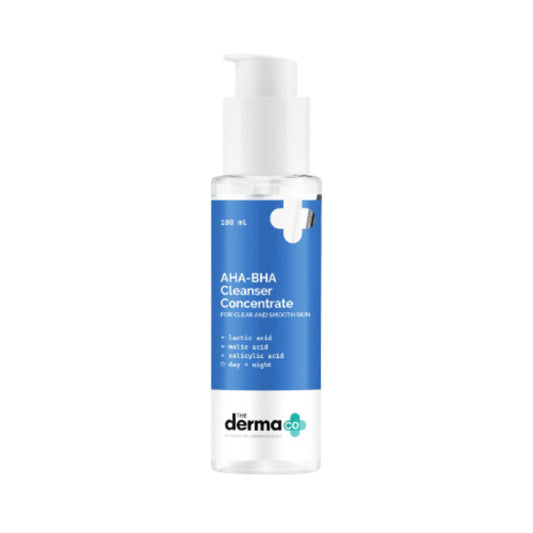 AHA-BHA Cleanser Concentrate bottle with blue label on a white background