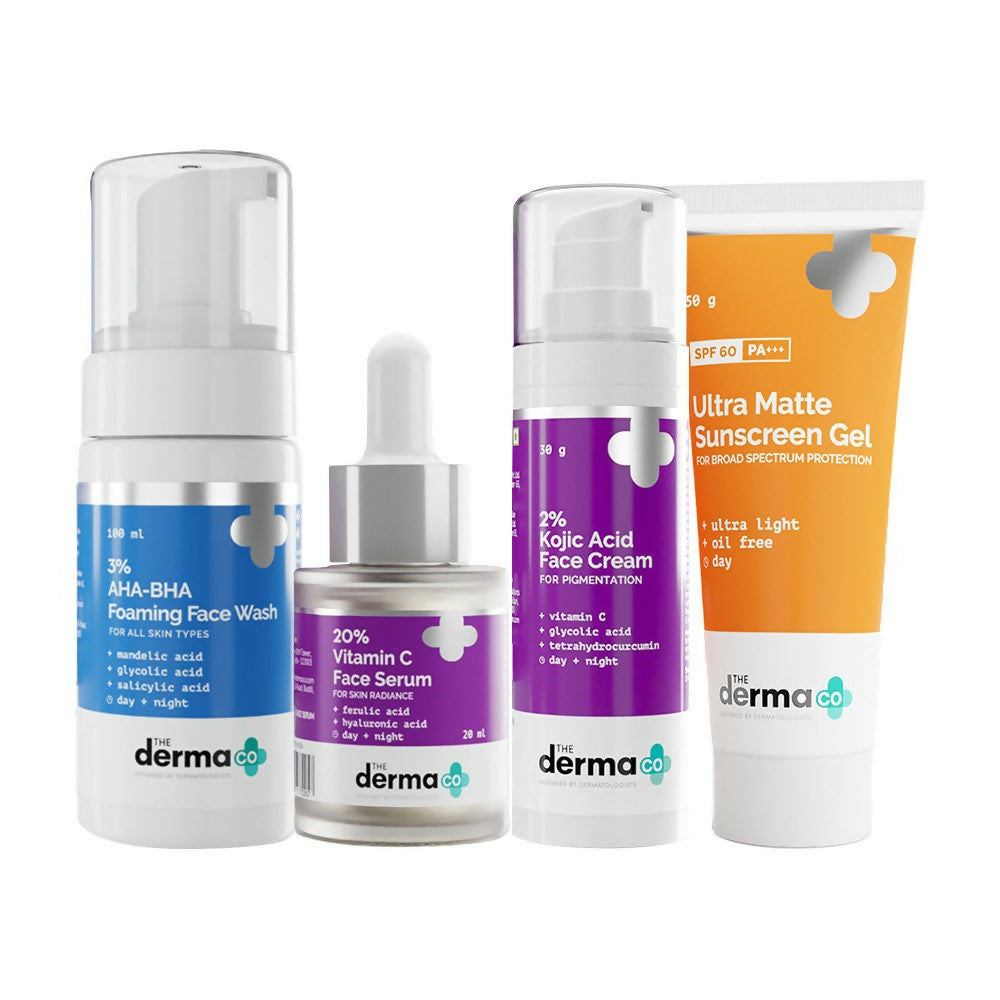 Collection of DermaCo skincare products on a white background