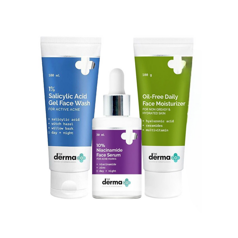 Four skincare products from derma+ on a white background