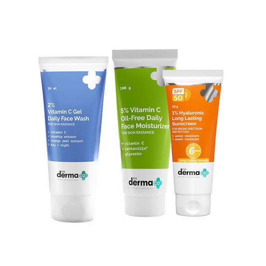Three Derma+ skincare products on a white background