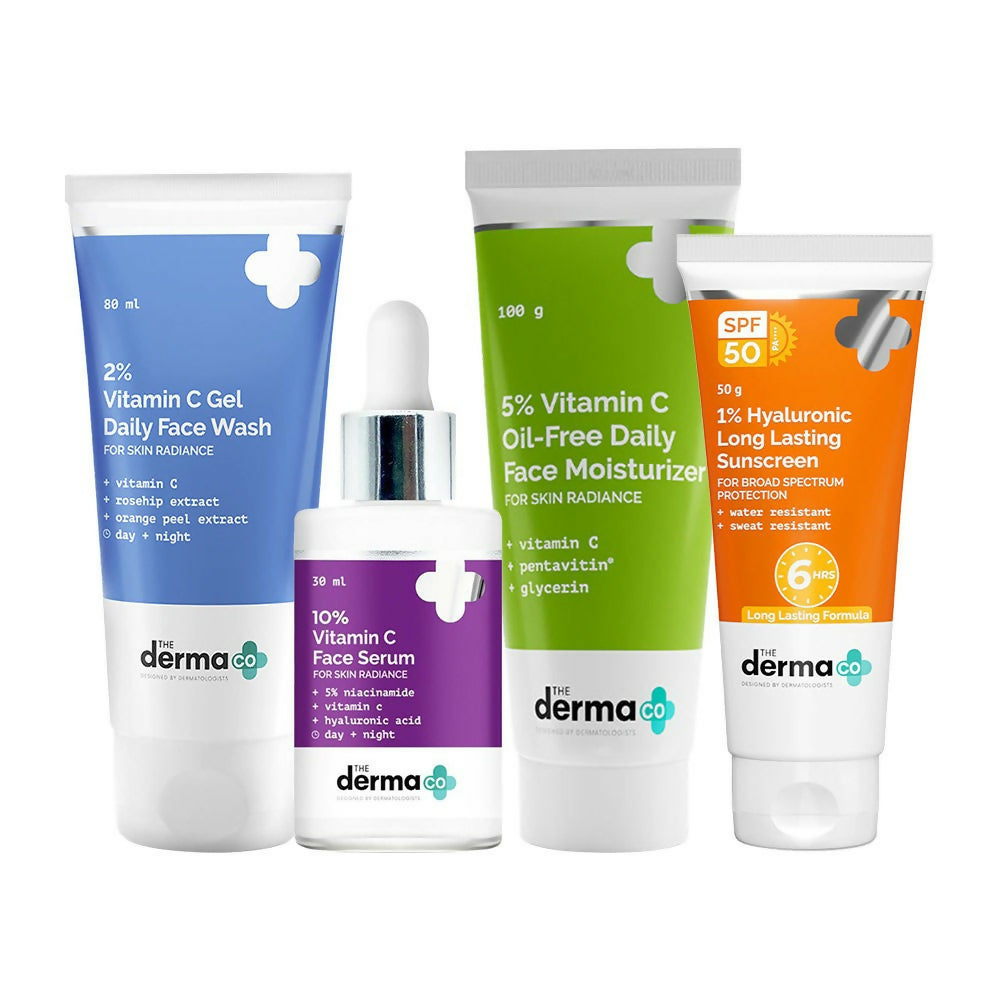 Collection of derma co skincare products on a white background