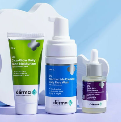 Three skincare products from The Derma Co on a light blue background