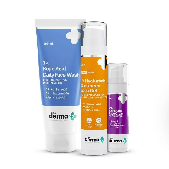 Three skincare products from derma co on a white background