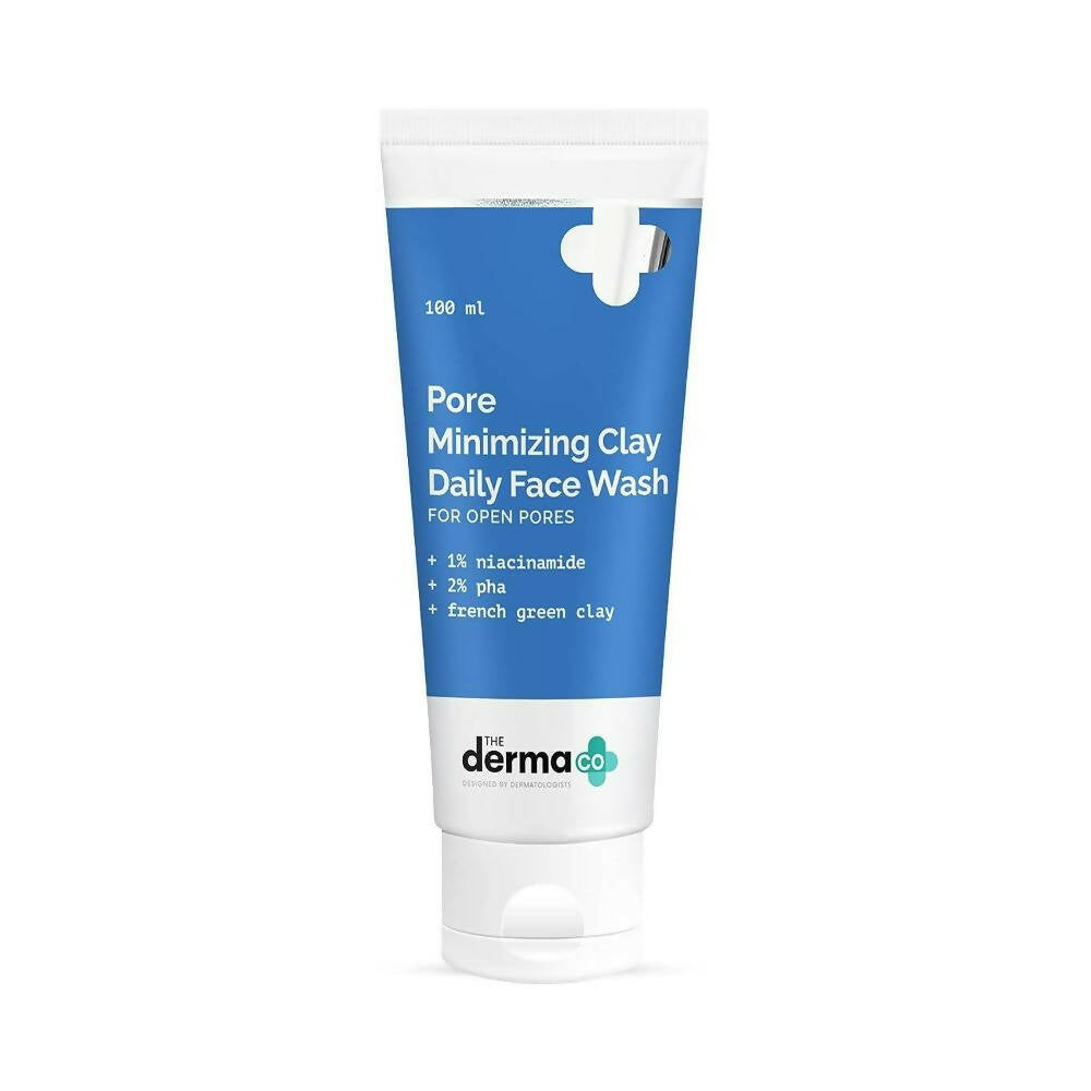 Tube of Pore Minimizing Clay Daily Face Wash with blue label on a white background