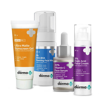 Collection of derma co skincare products on a white background