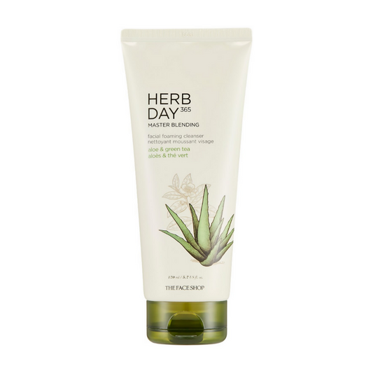 Tube of Herb Day 365 facial cleansing foam with aloe vera illustration on a white background