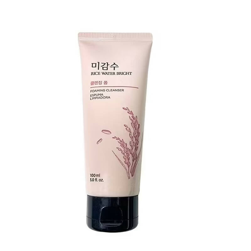 Tube of rice water bright foaming cleanser on a white background