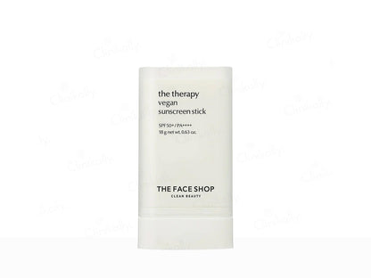 Vegan sunscreen stick packaging with 'The Face Shop' branding on a white background