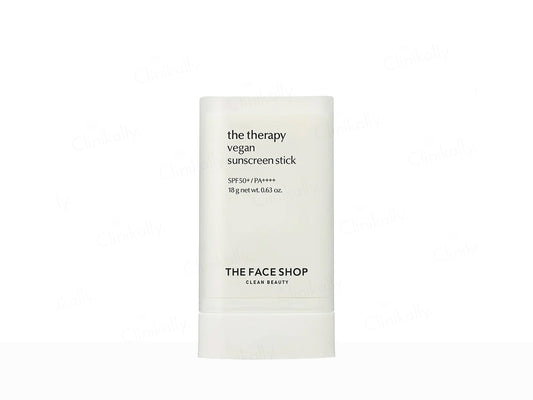 Vegan sunscreen stick packaging with 'The Face Shop' branding on a white background
