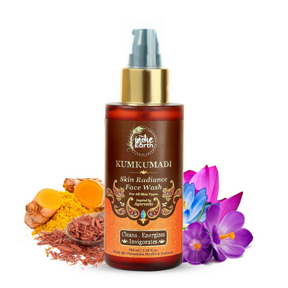 Kumkumadi Skin Radiance Face Wash bottle with turmeric, sandalwood, and flowers on a white background