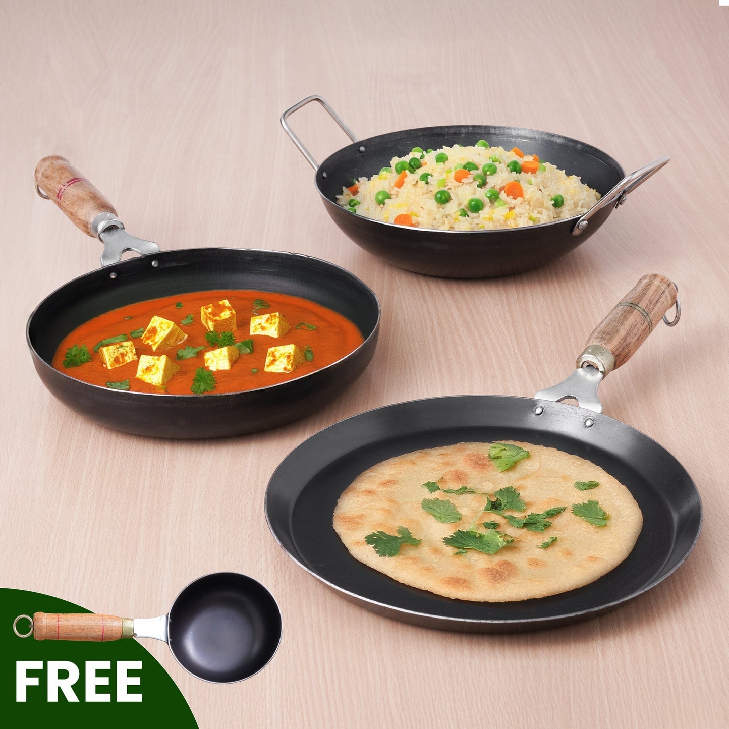 Three frying pans with different dishes on a beige background