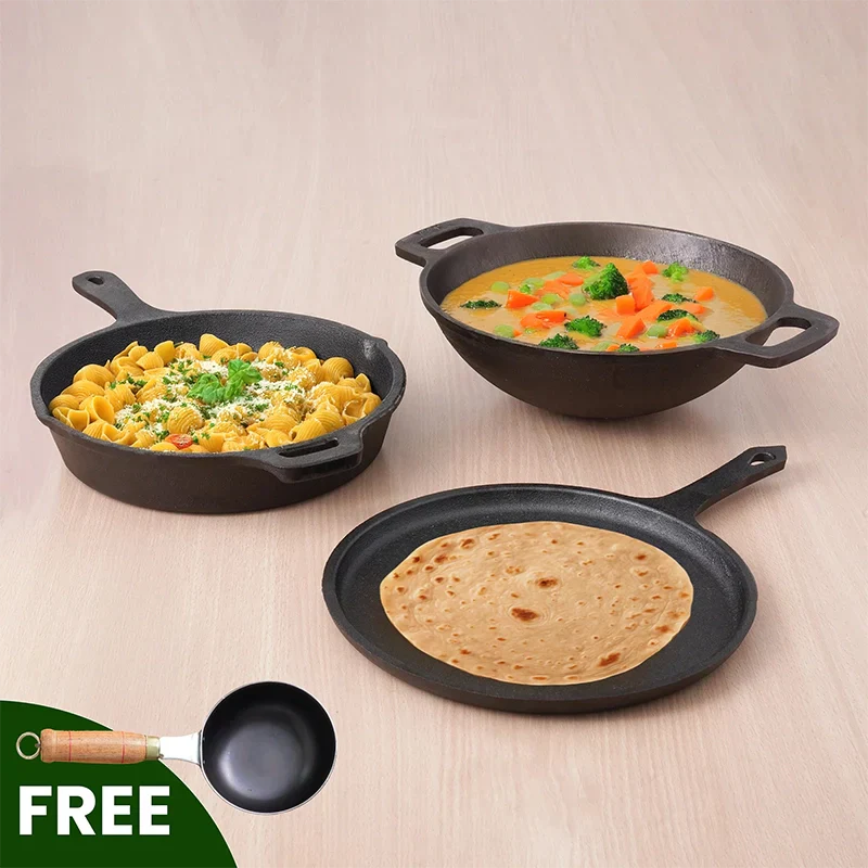 Three cast iron cookware items with food on a beige background