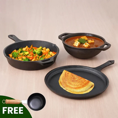 Three black cast iron cookware items on a beige background with a free ladle icon.