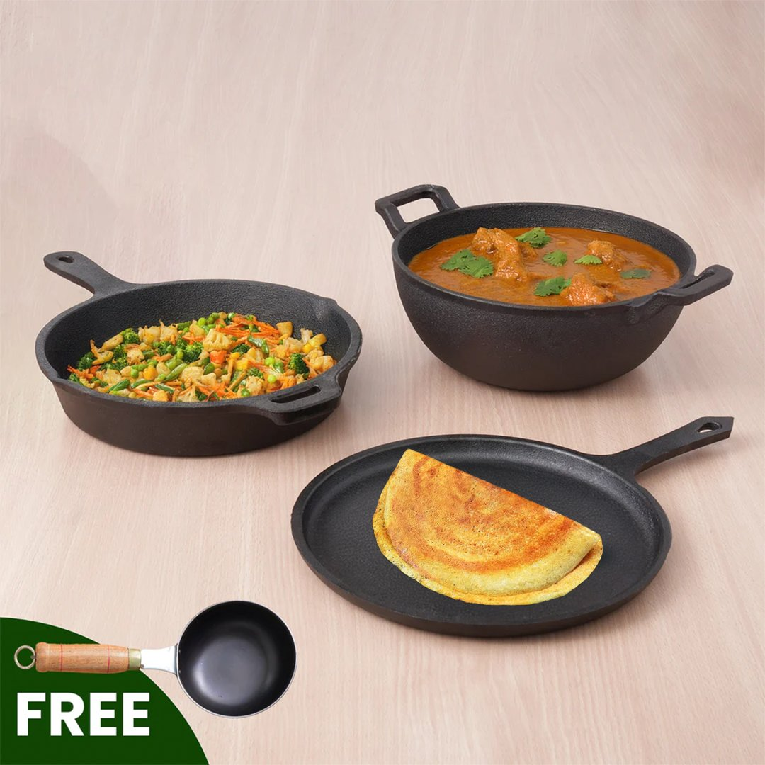 Three black cast iron cookware items on a beige background with a free ladle icon.