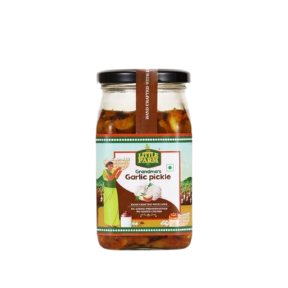 Jar of Little Farm Grandma's Garlic Pickle on a white background