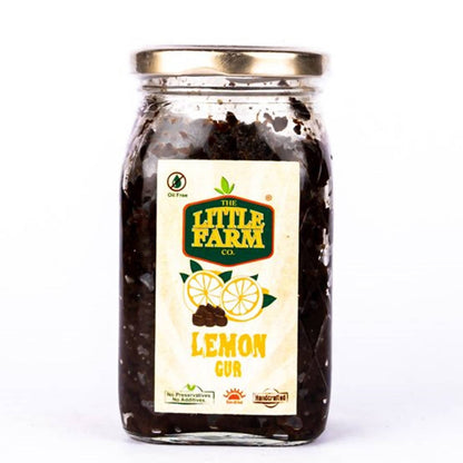Jar of lemon gur with 'The Little Farm Co.' label on a white background