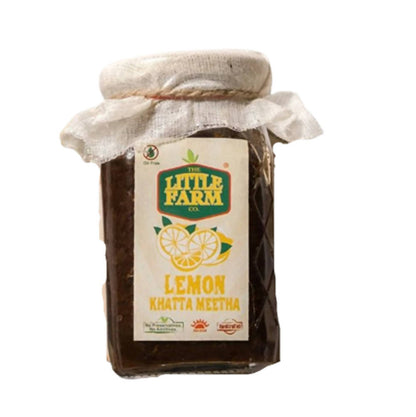 Jar of 'Lemon Khatta Meetha' from Little Farm on a white background