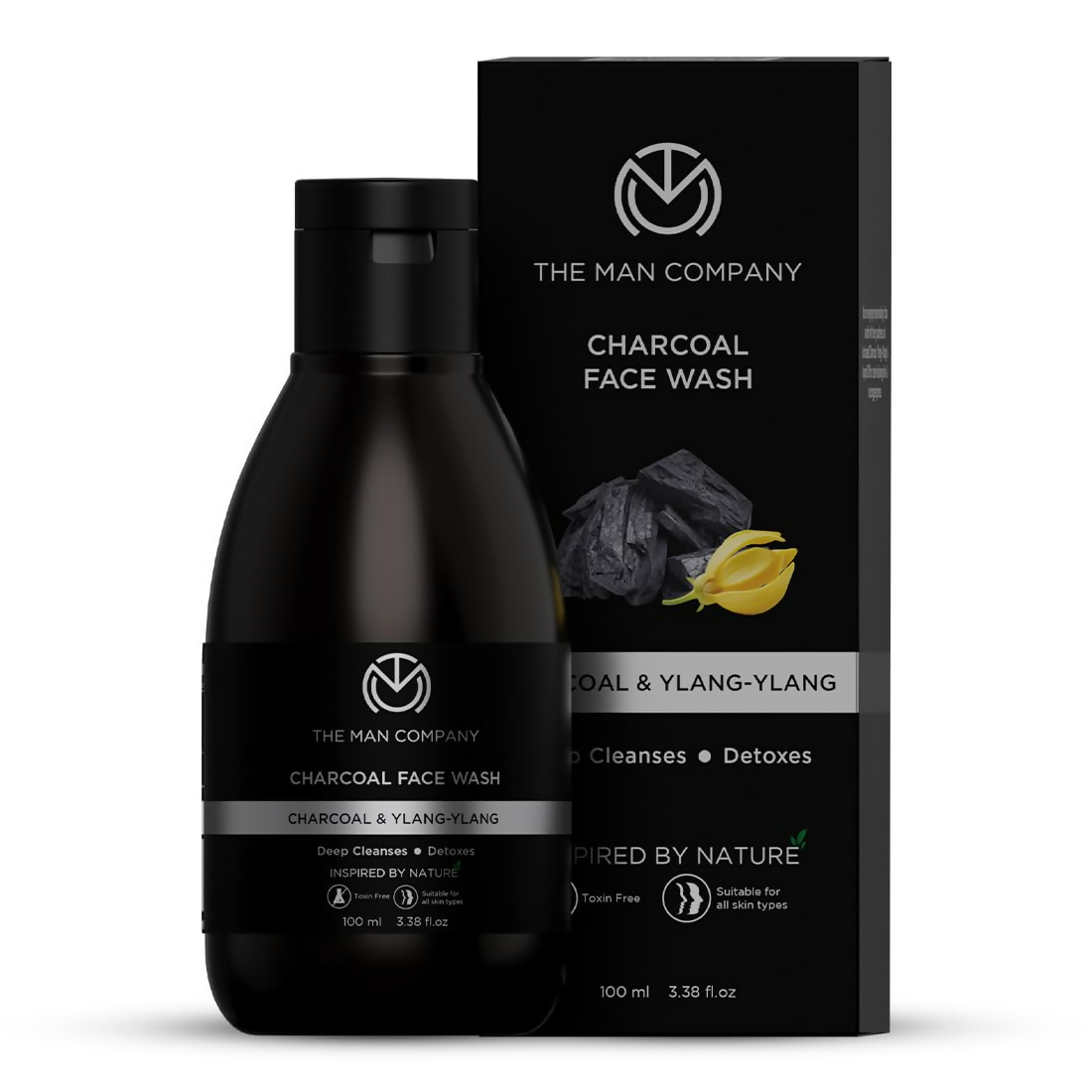 Black bottle and packaging of The Man Company Charcoal Face Wash on a white background