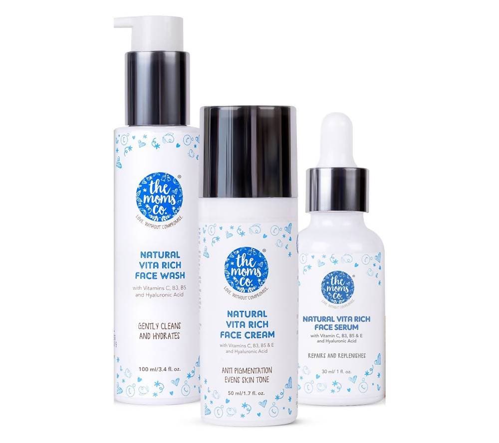 Set of skincare products from 'the moms co' on a white background