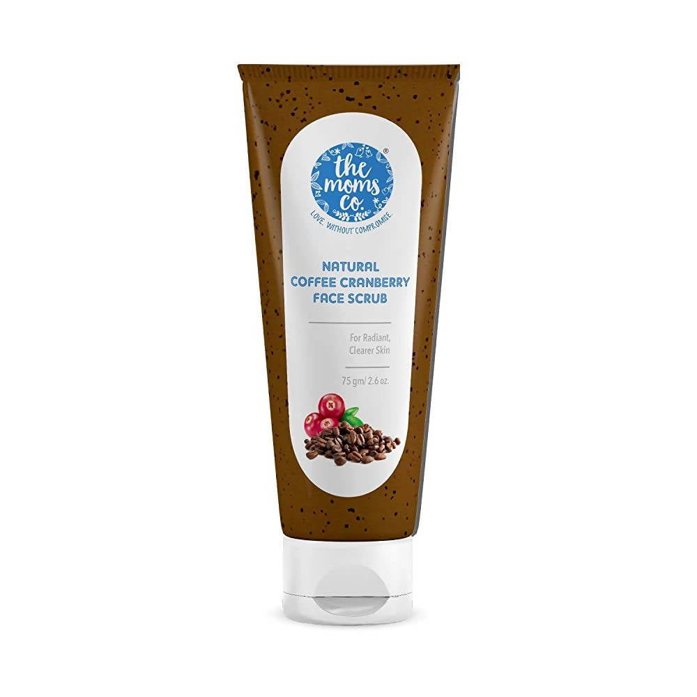 Tube of 'the moms co' Natural Coffee Cranberry Face Scrub on a white background