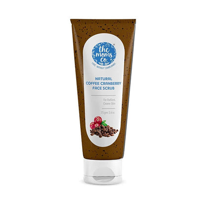 Tube of 'the moms co' Natural Coffee Cranberry Face Scrub on a white background