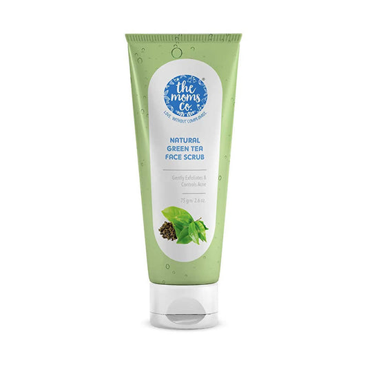 Tube of 'the moms co' Natural Green Tea Face Scrub on a white background