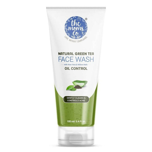 Tube of 'the moms co' Natural Green Tea Face Wash on a white background