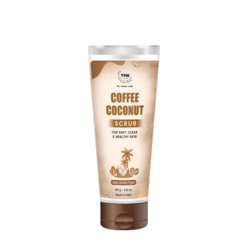 Tube of Coffee Coconut Scrub on a white background