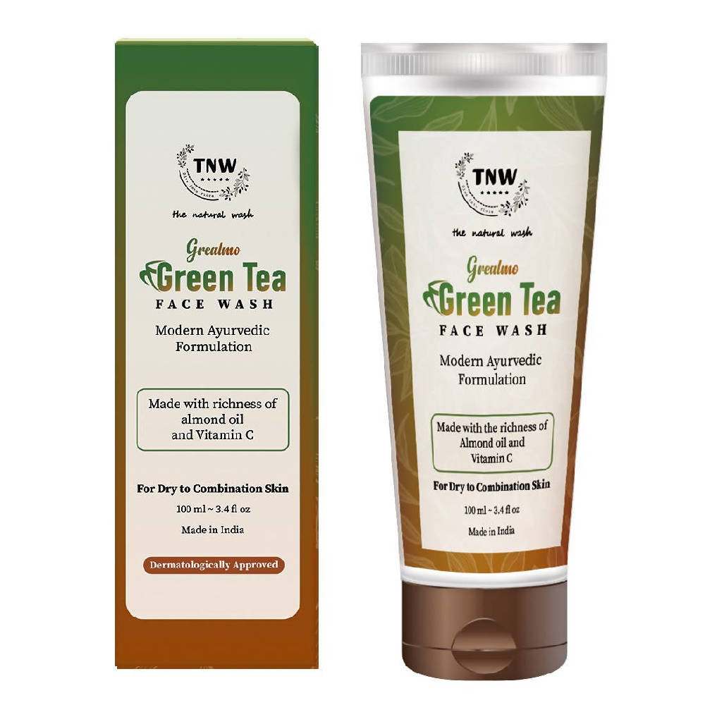 Green Tea Face Wash packaging with tube and box on a white background