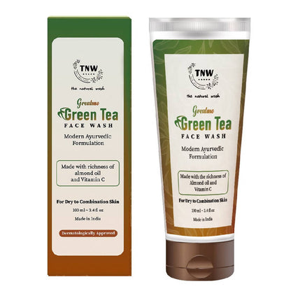 Green Tea Face Wash packaging with tube and box on a white background