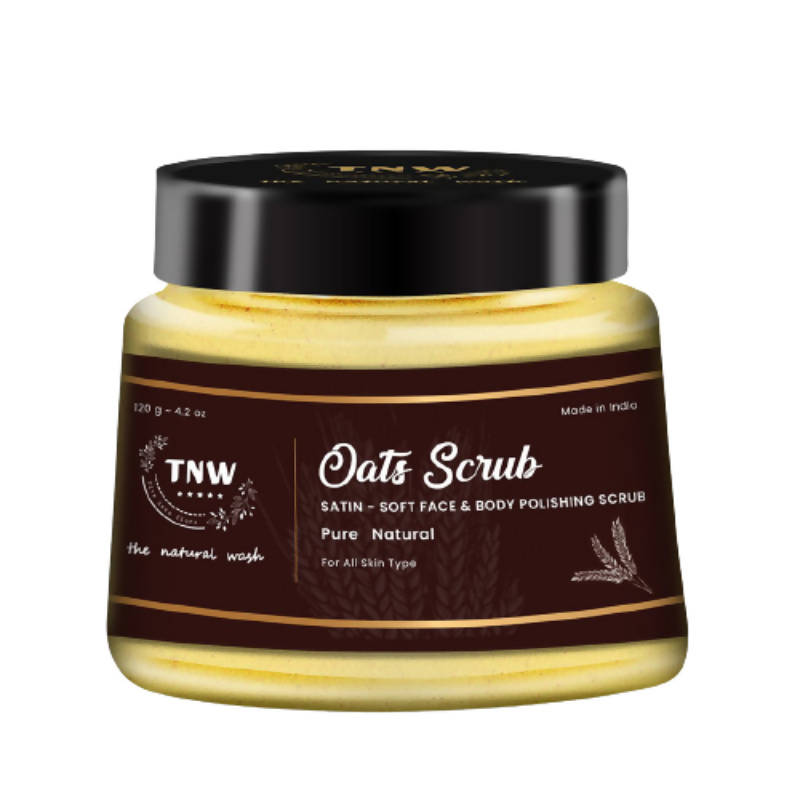 Jar of TNW Oats Scrub with a black lid on a white background