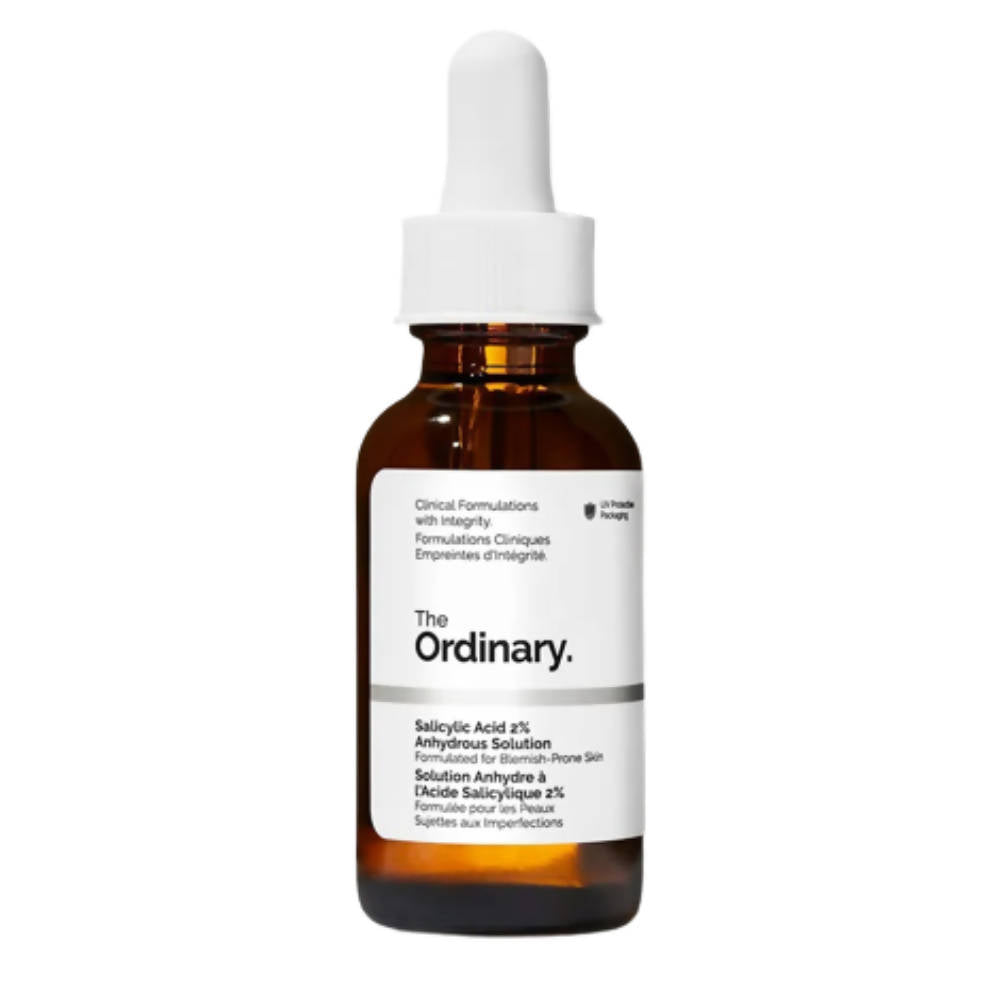 Bottle of 'The Ordinary' skincare serum on a white background