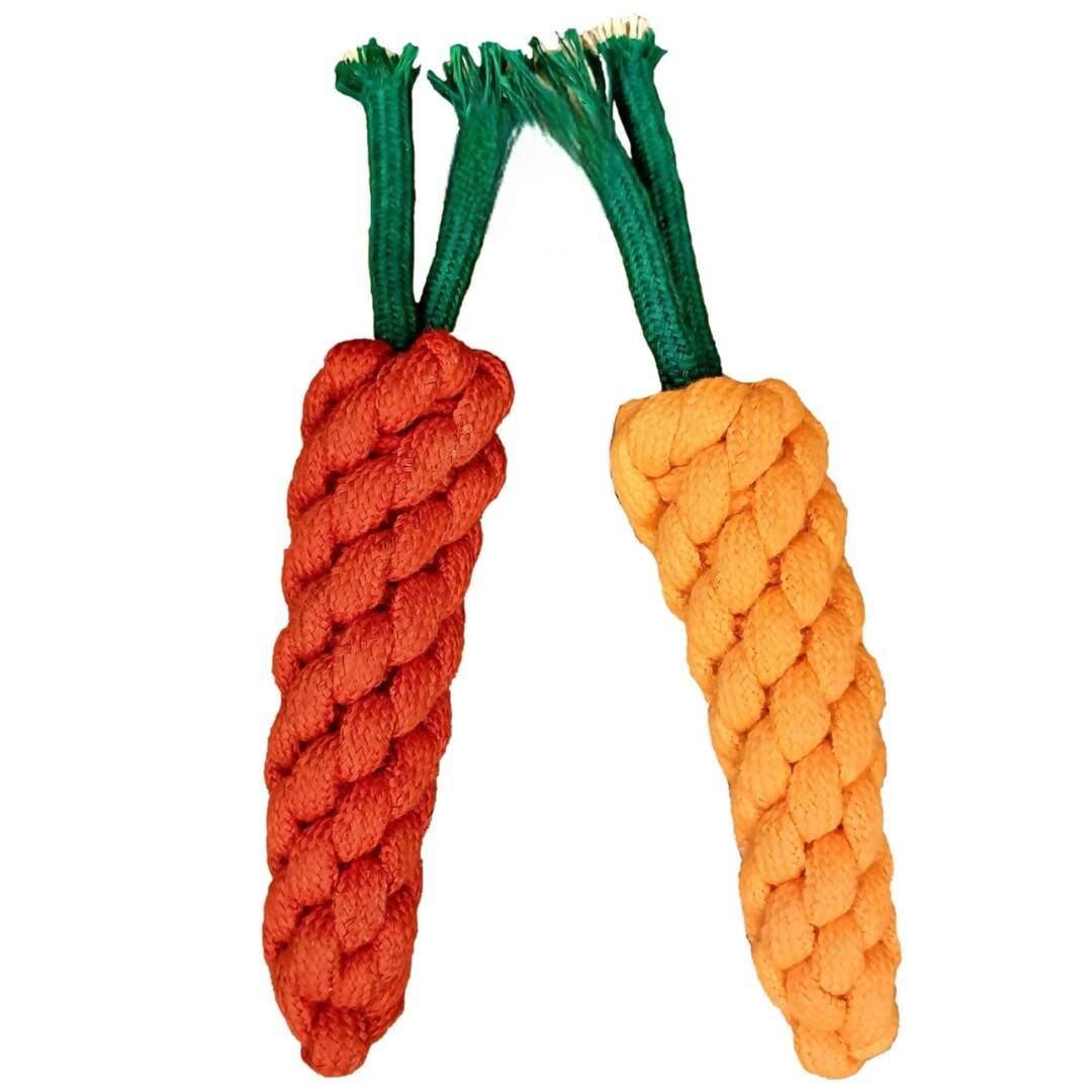 Two carrot-shaped rope toys on a white background